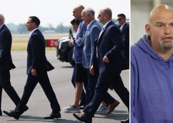 Fetterman stumbles through remarks with Biden, PA officials while wearing hoodie and shorts