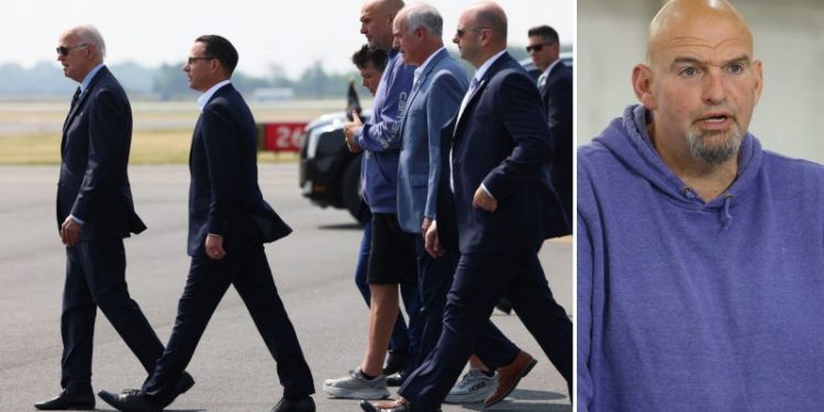 Fetterman stumbles through remarks with Biden, PA officials while wearing hoodie and shorts